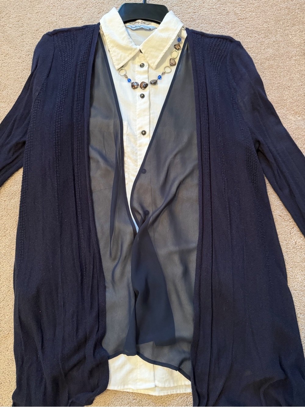 Vera Wang Navy Open-Front Sheer-Panel Cardigan